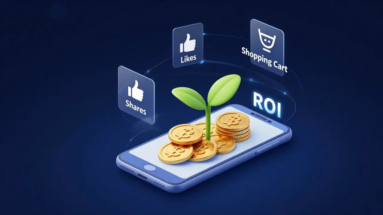 Konzeptuelle Darstellung von ROI mit digitalen Goldmünzen und Interaktions-Icons auf einem Smartphone.