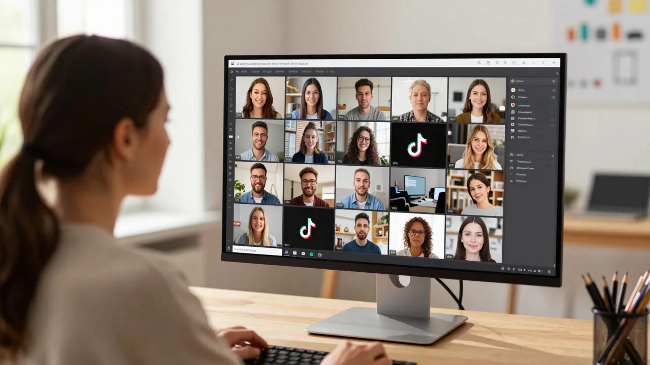 Kreative Person plant ein visuelles Social-Media-Grid an einem Monitor in einem hellen Studio.