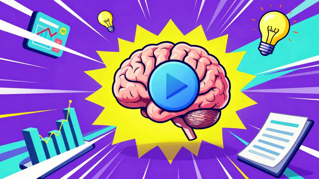 Künstlerische Darstellung von Edutainment mit Gehirn, Play-Button und Finanzgrafiken.