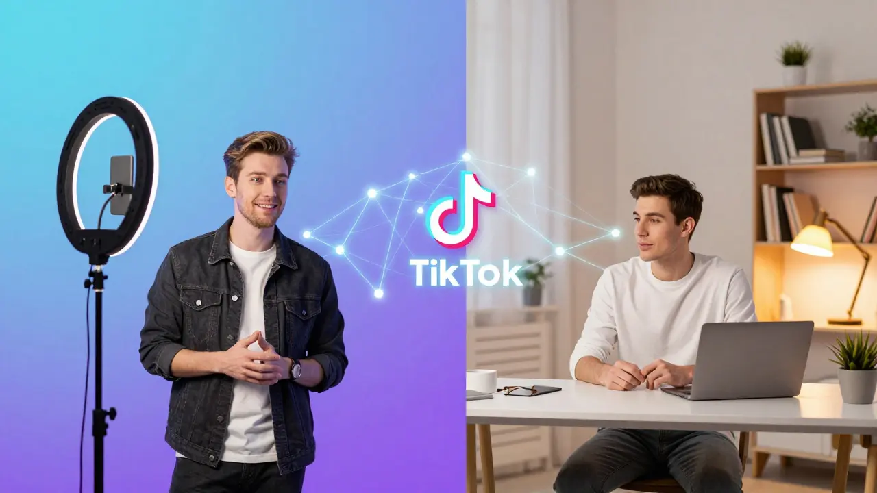 Künstlerischer Vergleich zwischen einem Entertainer-Studio und einem Experten-Arbeitsplatz.