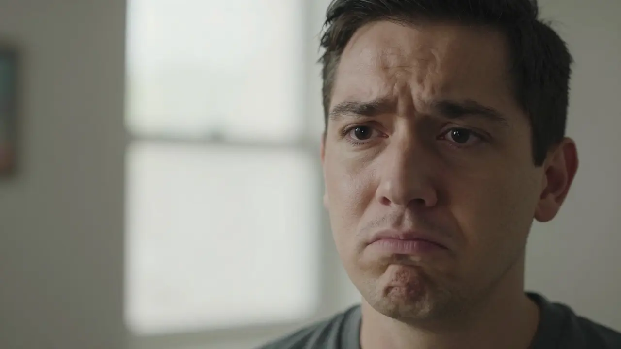 Nahaufnahme einer Person mit ironischem Gesichtsausdruck in einer authentischen Umgebung.