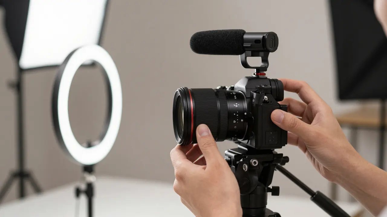 Professionelle Videokamera und Studiobeleuchtung im Einsatz