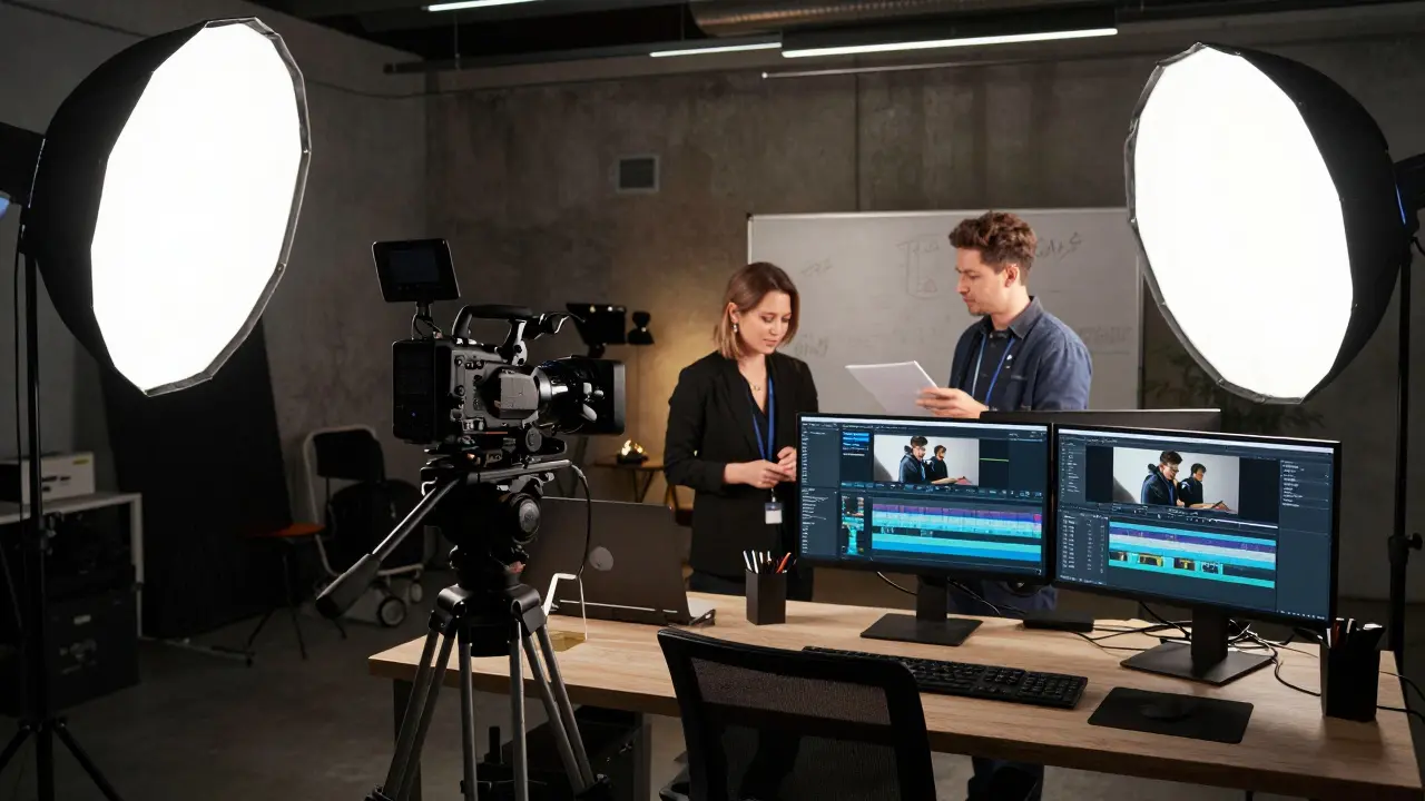 Professionelles Videostudio mit Kamerateam und High-End-Equipment hinter den Kulissen.