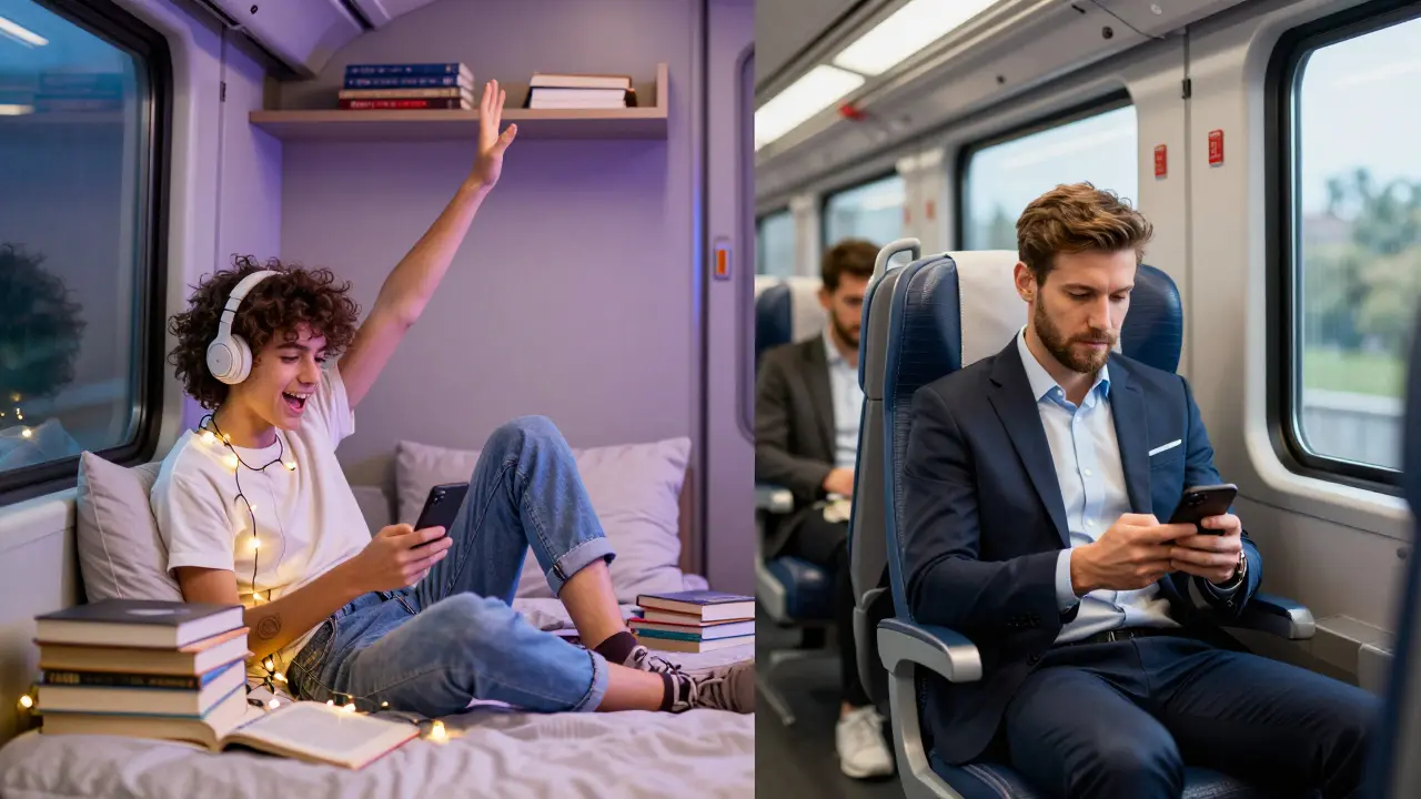 Student im Zimmer und Berufstätiger im Zug nutzen TikTok.