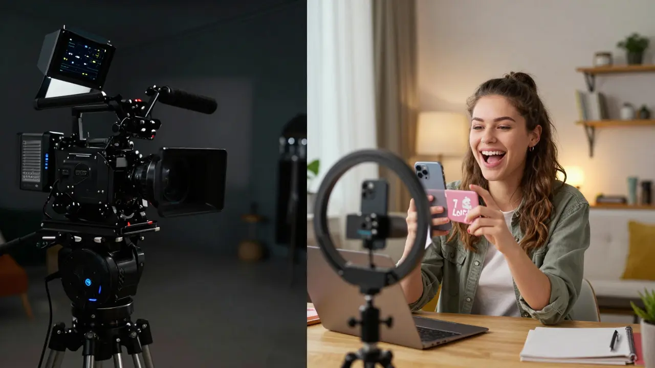 Vergleich zwischen einer teuren Filmproduktion und einem authentischen UGC-Video mit Smartphone.