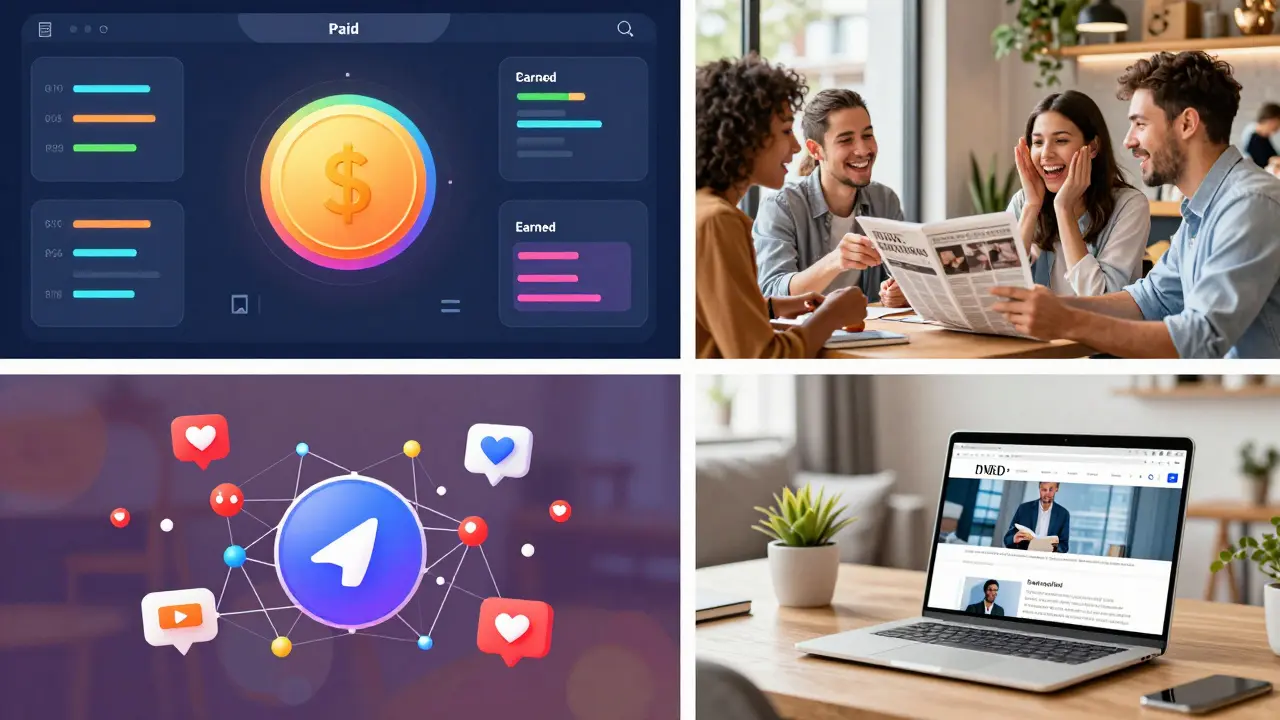 Vier Quadranten, die bezahlte Werbung, Mundpropaganda, soziale Interaktion und eigene Kanäle zeigen.