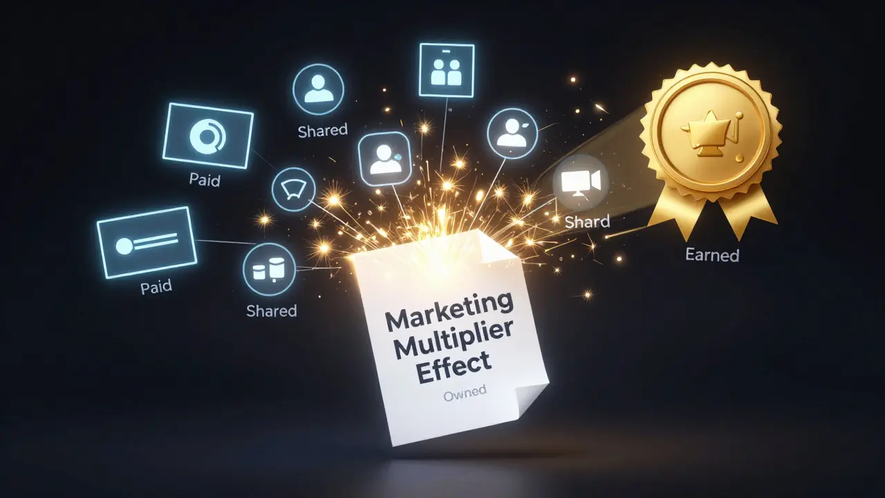 Visualisierung des Multiplikator-Effekts vom eigenen Content über Ads und Shares hin zu Medienvertrauen.